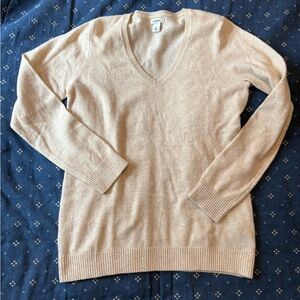 LL Bean 100% Cashmere Sweater Womens Size S Beige Pullover V-Neck Long Sleeve